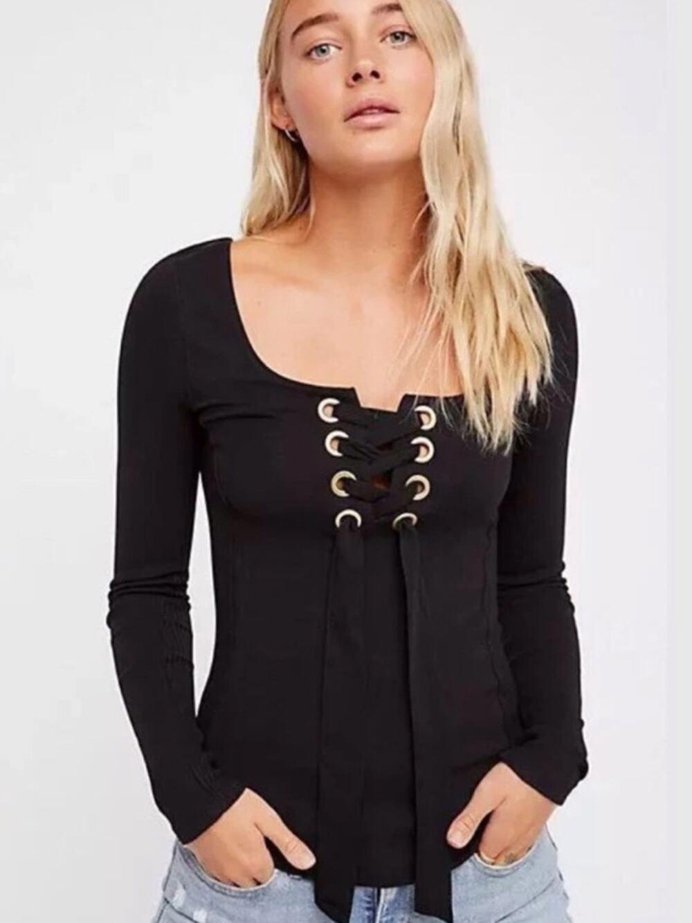 Free People Looking Back Black Lace Up Grommet Women's Top Small